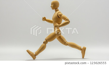 Dynamic wooden figure running in studio action pose minimalist environment 123026555