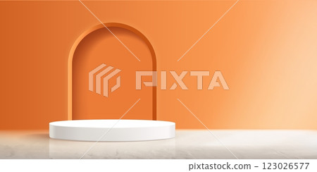 3d abstract orange arch podium for product display 3d abstract orange arch podium for product display 123026577