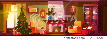 Festive living room with decorated Christmas tree Festive living room with decorated Christmas tree 123026585