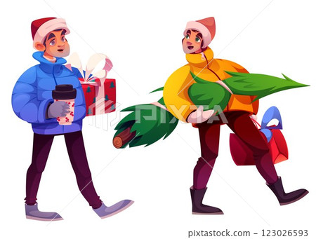Cartoon male characters carry holiday purchases 123026593
