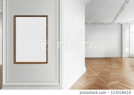 Bright aesthetic minimalist room with art frame for modern interior inspiration 123026618