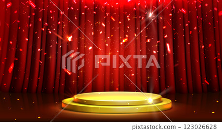 Golden podium stands before red velvet drapes. Golden podium stands before red velvet drapes. 123026628