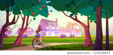 Colorful suburban scene with girl cycling on path 123026633