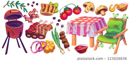 Cartoon BBQ scene with outdoor cooking elements Cartoon BBQ scene with outdoor cooking elements 123026636