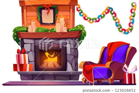Cozy winter home interior with fireplace 123026652