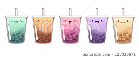 Bubble tea drinks with kawaii face expressions. 123026671