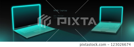 Modern laptops outlined with turquoise neon glow 123026674