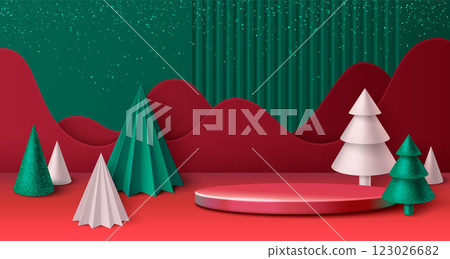 3d Christmas tree podium. Red Merry Xmas banner bg 123026682
