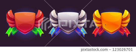 Game award shields with wings and ribbons 123026701