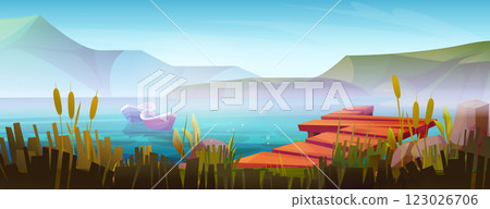 Boat in lake near wooden pier cartoon background 123026706