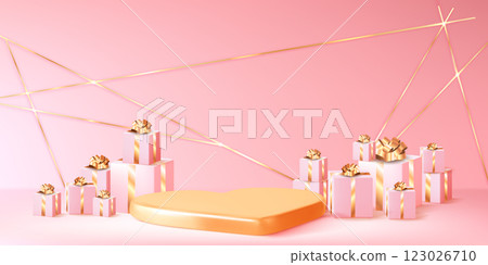 Pink setup with heart shaped golden podium Pink setup with heart shaped golden podium 123026710