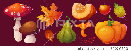 Autumn leaves icon. Fall pumpkin and mushroom set 123026730
