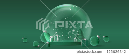 Green snow globe scene with circular platform 123026842