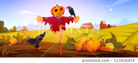 Autumn farm landscape with pumpkins and scarecrow 123026854
