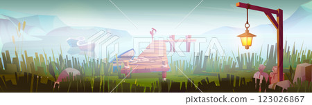 Panoramic misty waterfront scene with wooden pier Panoramic misty waterfront scene with wooden pier 123026867