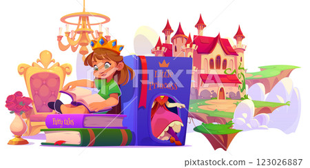 Little girl reading princess story book Little girl reading princess story book 123026887