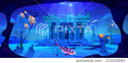 Sunken ancient temple ruins with fish Sunken ancient temple ruins with fish 123026893
