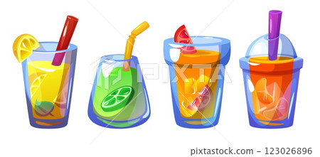 Ice lemon drink in glass. Mint fruit juice cartoon 123026896