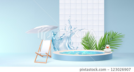 Round pool podium with water splash effect Round pool podium with water splash effect 123026907