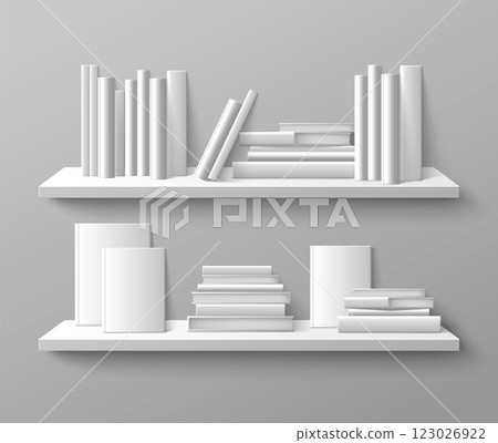 Book stack spine and front view on wall shelf. Book stack spine and front view on wall shelf. 123026922