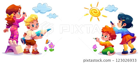 Playful cartoon kids drawing with crayon on wall. 123026933