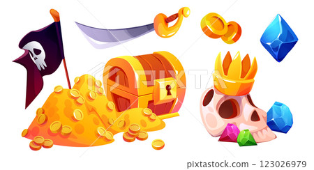 Golden pile near wooden pirate treasure chest Golden pile near wooden pirate treasure chest 123026979