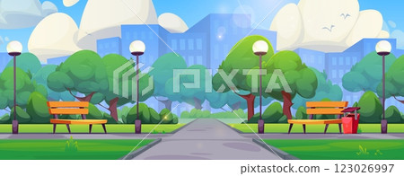 Summer city park with benches and trees 123026997