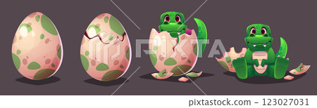 Dinosaur hatch egg. Cute dino crack shell isolated Dinosaur hatch egg. Cute dino crack shell isolated 123027031