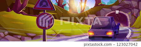 Car entering road tunnel in summer forest 123027042