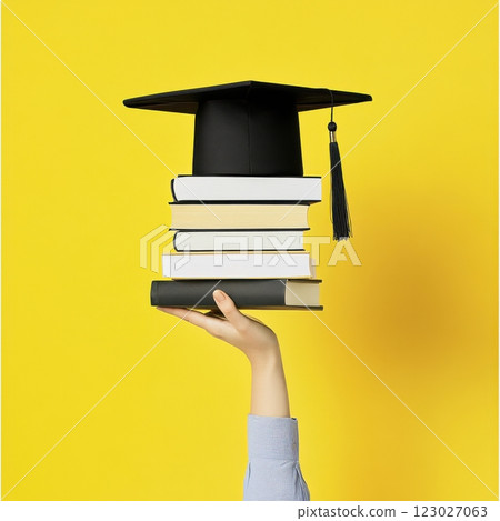 Graduation celebration school image of books and cap yellow background inspirational viewpoint Graduation celebration school image of books and cap yellow background inspirational viewpoint 123027063