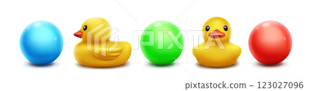 Rubber ducks and balls set isolated on white 123027096