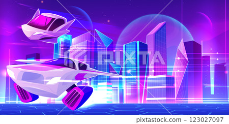 Futuristic space city background with aircraft 123027097