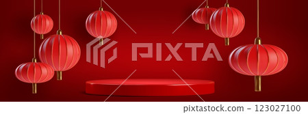 3d red chinese podium with lantern background 3d red chinese podium with lantern background 123027100