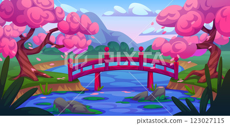 Sakura garden and wooden bridge on lake Sakura garden and wooden bridge on lake 123027115