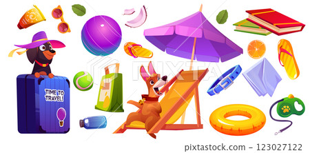 Dog in summer beach vacation trip with luggage Dog in summer beach vacation trip with luggage 123027122