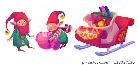 Cute Santa Claus helpers elves with sleigh Cute Santa Claus helpers elves with sleigh 123027126