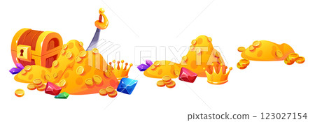 Treasure chest and piles of gold set 123027154
