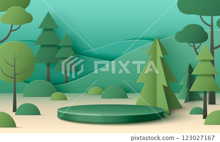 Minimalist papercut forest landscape with podium. 123027167