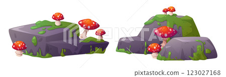 Bright red spotted mushrooms on mossy swamp stones Bright red spotted mushrooms on mossy swamp stones 123027168