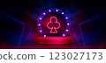 3d casino podium with neon light. Club poker card 123027173