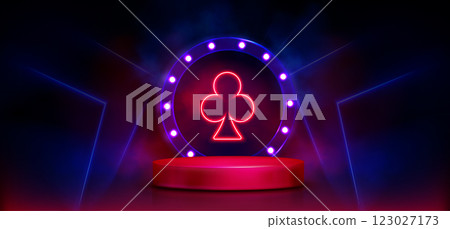 3d casino podium with neon light. Club poker card 123027173