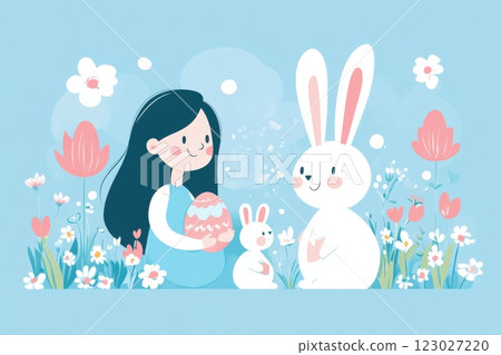 Easter celebration with bunny and girl spring garden illustration playful whimsical 123027220