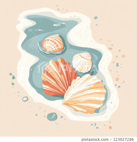 Seashell collection by the shore coastal beach digital illustration calm waters overhead view nature's beauty 123027286