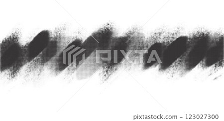 Grainy gradient halftone background. Noisy grunge spray blobs. Abstract black textured shade gradation border. Stains and spots shapes. 123027300