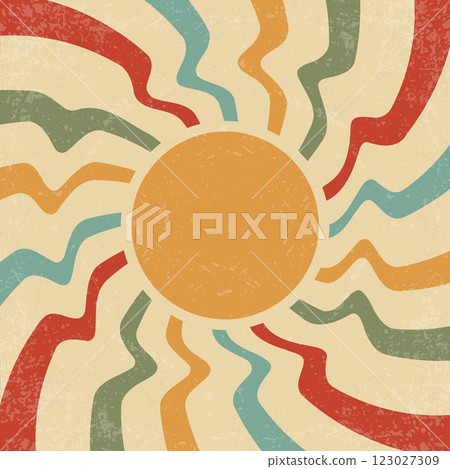 Sunrays retro background. Vector summer 70s festive poster. Abstract groovy design with grunge texture. Old paper banner with orange spiral beams on yellow color backdrop. 123027309