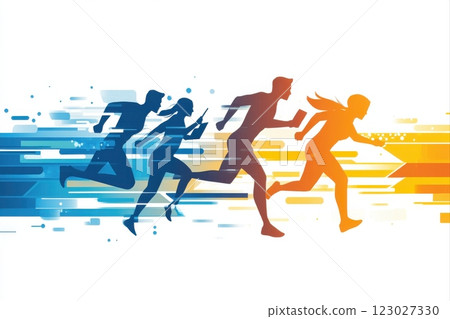 Dynamic running race urban setting digital art vibrant colors side view motion concept for fitness enthusiasts 123027330