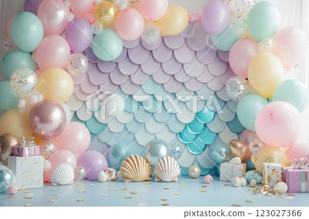 Mermaid-themed celebration setup event space decorative arrangement playful atmosphere wide angle festive vibes for kids 123027366