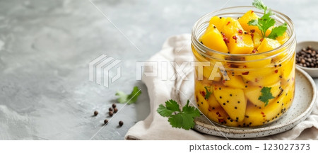 Glass jar of homemade mango pickle sits on neutral surface, tangy yellow fermented mango chunks. Copy space, wide banner 123027373