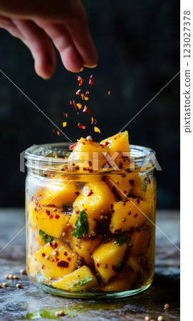 Hand sprinkles red chili flakes over jar of mango pickle with spices. Indian cuisine, food preservation. Vertical banner 123027378