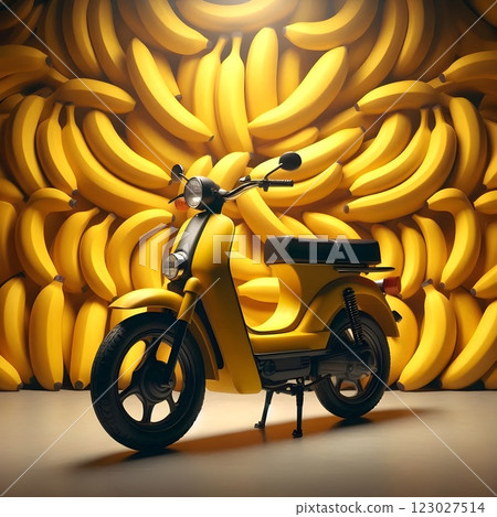Yellow Scooter Against a Banana Mural Yellow Scooter Against a Banana Mural 123027514